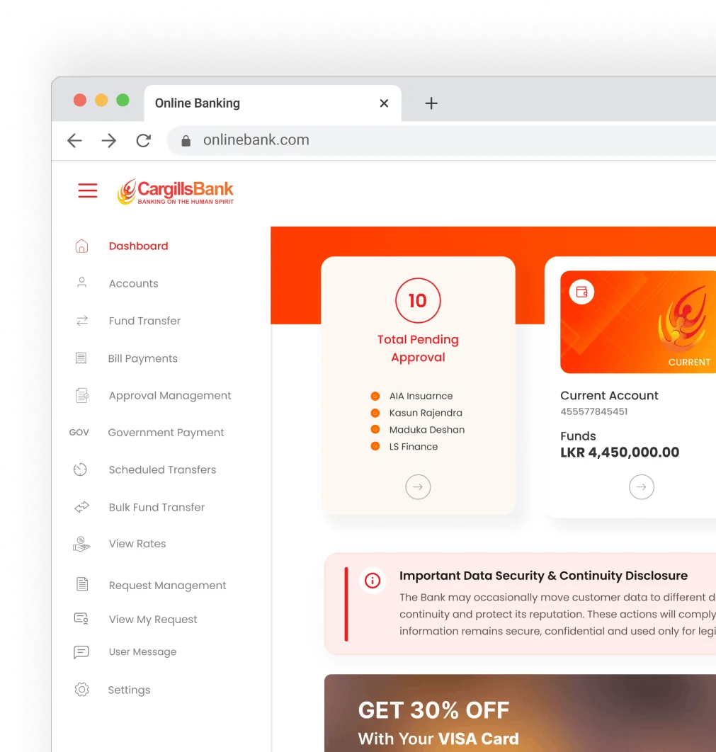 The retail internet banking dashboard in a browser window.